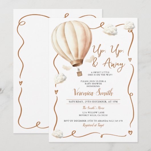 Beige Baby shower hete luchtballon, omhoog en weg Kaart (Voorkant / Achterkant)