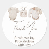 Beige Babykleding Baby shower Ronde Sticker (Voorkant)