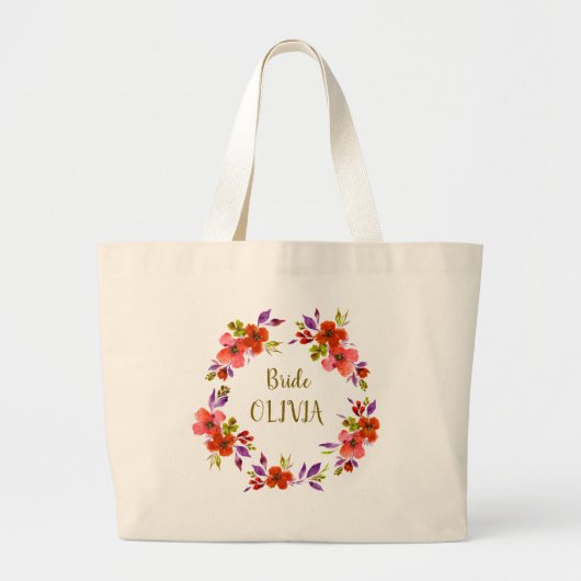 Beige Bag with Red Flowers for the Bride. Grote Tote Bag (Voorkant)