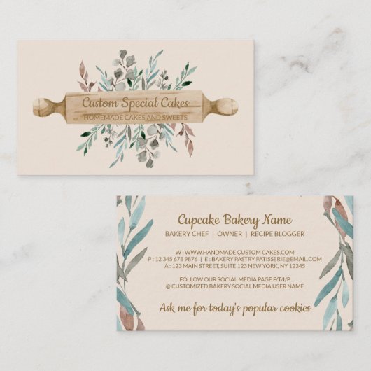 Beige bakkerij Koken Rolling Pin Pastry Chef Visitekaartje (Voorkant / Achterkant)