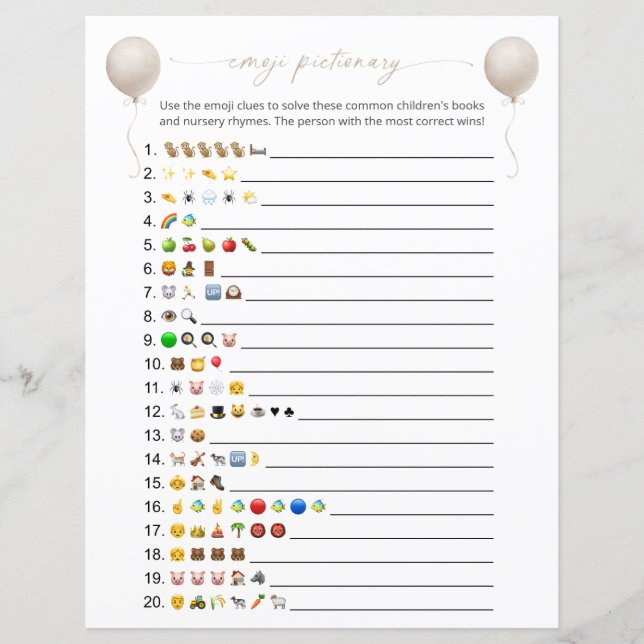 Beige ballon emoji boeken baby douche spel (Voorkant)