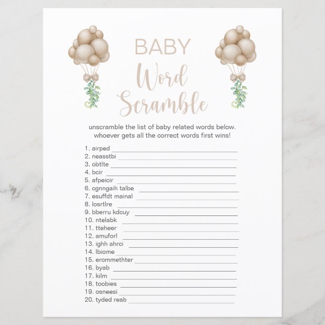 Beige ballonnen Baby shower Word Scramble (Voorkant)