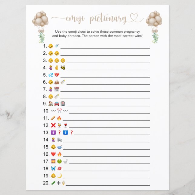 Beige ballonnen Emoji Pictionary Baby shower spel (Voorkant)