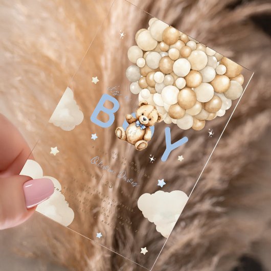 Beige ballonnen Teddy Bear Boy Modern Baby shower Acryl Uitnodigingen