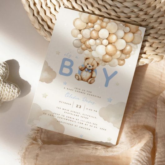 Beige ballonnen Teddy Bear Boy Modern Baby shower Kaart