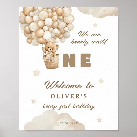 Beige ballonnen Teddy Bear Eerste Verjaardag Welko Poster (Voorkant)
