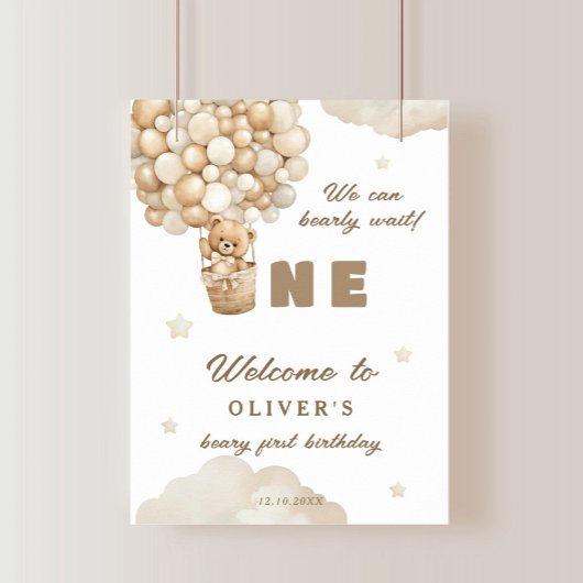 Beige ballonnen Teddy Bear Eerste Verjaardag Welko Poster