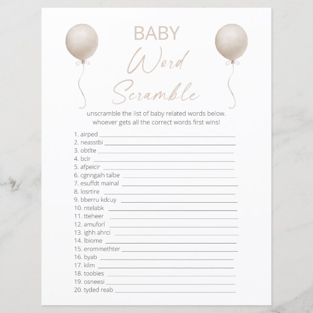 Beige Balloon Baby shower Word Scramble (Voorkant)
