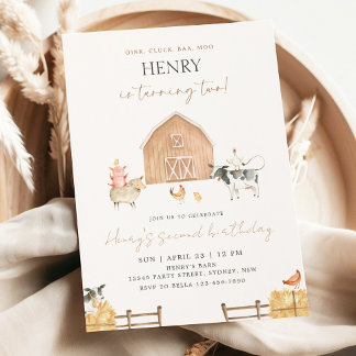 Beige Barn 2nd Birthday Farm Animals Party Kaart
