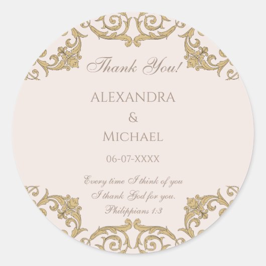 Beige Baroque Christian Wedding Thank You  Ronde Sticker (Voorkant)