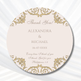 Beige Baroque Christian Wedding Thank You  Ronde Sticker