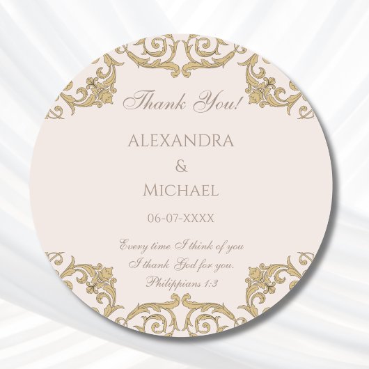Beige Baroque Christian Wedding Thank You  Ronde Sticker