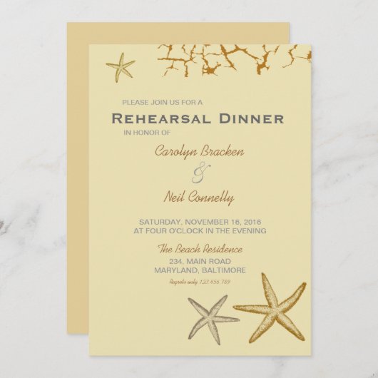 Beige Beach Thlemed Starfish repesal Dinner Kaart (Voorkant / Achterkant)