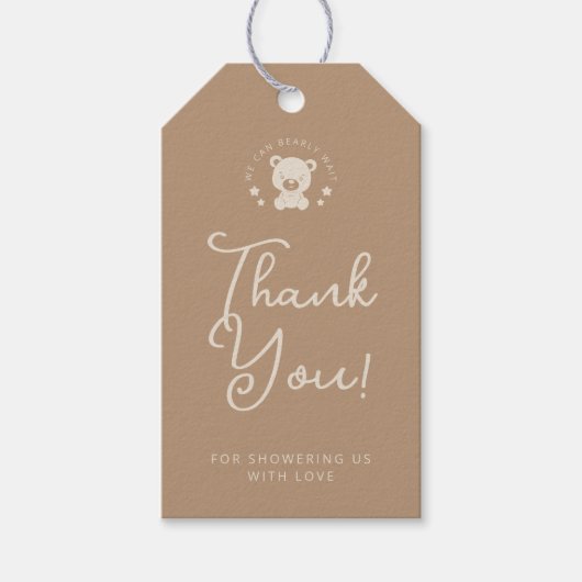 Beige Beer Baby shower Dank u Cadeau Labels Cadeaulabel (Voorkant)