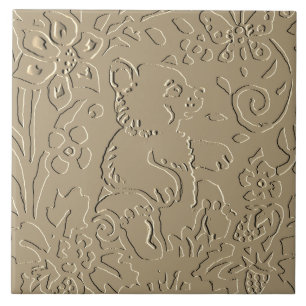 Beige Beer Cub Embossed Woodland Foliage Elegant Tegeltje