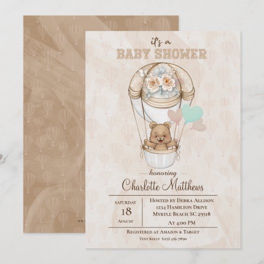 Beige Beer Hot Air Ballon Baby shower Kaart (Voorkant / Achterkant)