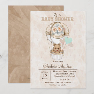 Beige Beer Hot Air Ballon Baby shower Kaart