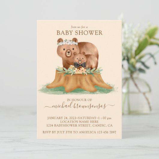 Beige Beer Waterverf mammie Baby shower Boy Kaart (Staand voorkant)