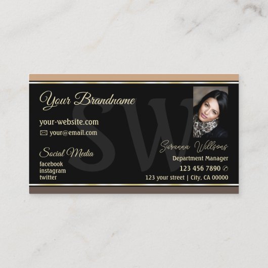 Beige Black Brown Stripes met monogram en foto Visitekaartje (Achterkant)