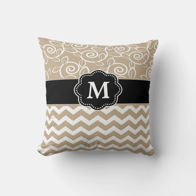 Beige Black Chevron Monogram Kussen (Voorkant)