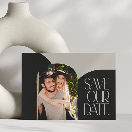 Beige Black Chic Modern Arch Photo Wedding Briefkaart
