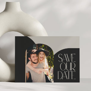 Beige Black Chic Modern Arch Photo Wedding Briefkaart