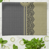 Beige & Black Natural Linen & Black Lace Theedoek (Gevouwen)