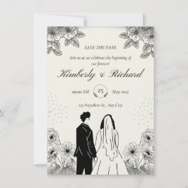 Beige Black Simple Illustation Wedding Invitation Kaart