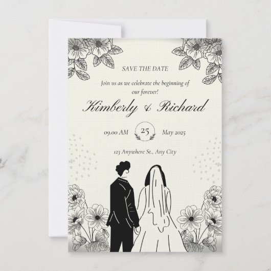 Beige Black Simple Illustation Wedding Invitation Kaart (Voorkant)