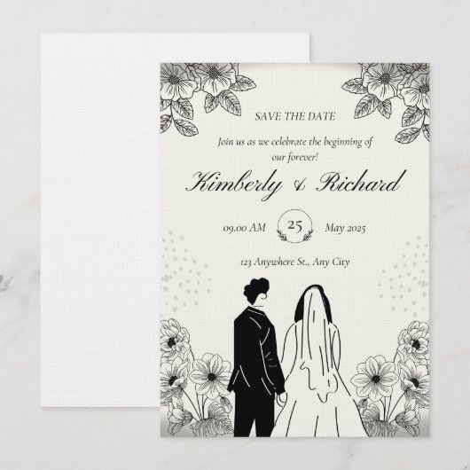 Beige Black Simple Illustation Wedding Invitation Kaart (Voorkant / Achterkant)