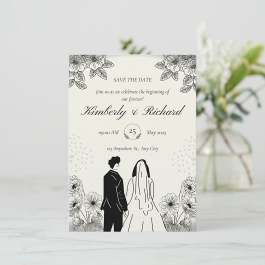 Beige Black Simple Illustation Wedding Invitation Kaart (Staand voorkant)