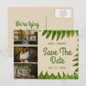 Beige Bladgroen Drie Foto Collage Save The Date Aankondigingskaart (Voorkant / Achterkant)