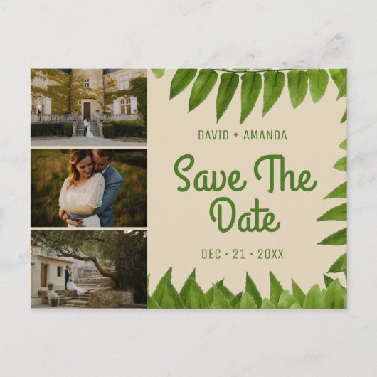 Beige Bladgroen Drie Foto Collage Save The Date Aankondigingskaart (Voorkant)