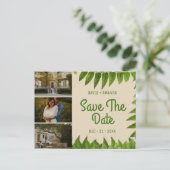 Beige Bladgroen Drie Foto Collage Save The Date Aankondigingskaart (Staand voorkant)