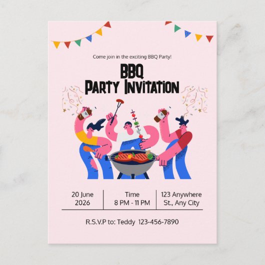 Beige Blau Speelse BBQ-feest Ansichtkaart Briefkaart (Voorkant)