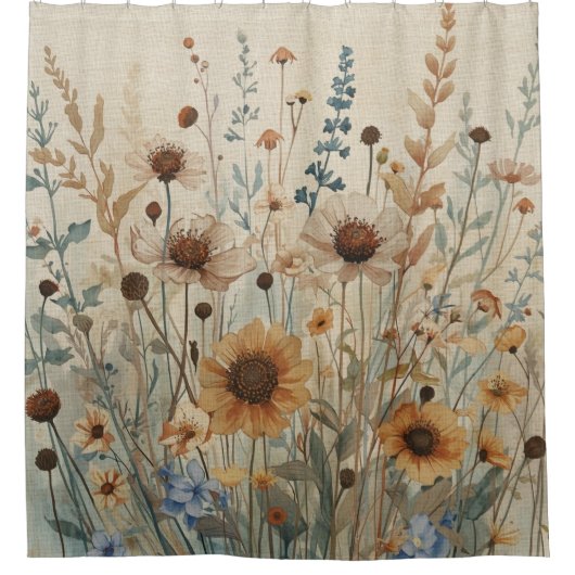Beige Blauw Bruin Wilde Bloem Douchegordijn (Voorkant)