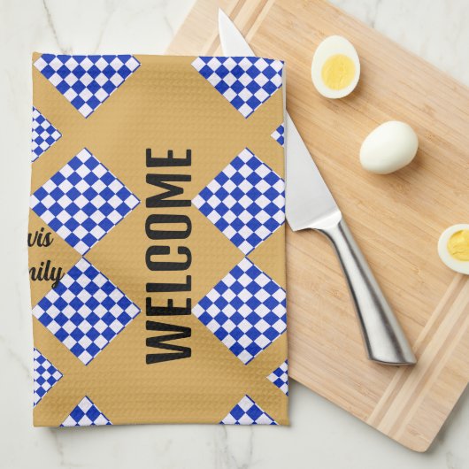 Beige blauw wit geruit theedoek (Quarter Fold)