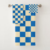 Beige + Blauwe Check Checkerboard Patroon Bad Handdoek (Insitu)