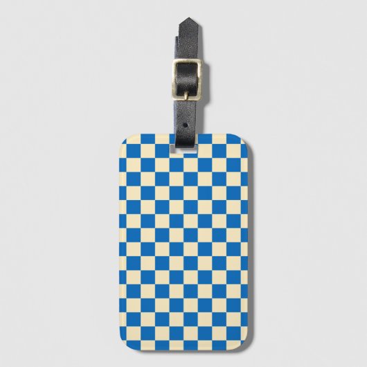 Beige + Blauwe Check Checkerboard Patroon Bagagelabel (Voorkant (verticaal))