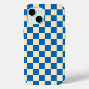 Beige + Blauwe Check Checkerboard Patroon iPhone 15 Case