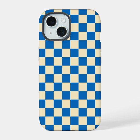 Beige + Blauwe Check Checkerboard Patroon iPhone 15 Case (Achterkant)