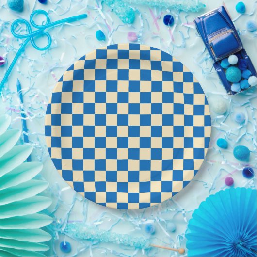 Beige + Blauwe Check Checkerboard Patroon Papieren Bordje (Feest)