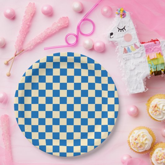 Beige + Blauwe Check Checkerboard Patroon Papieren Bordje (Feest)