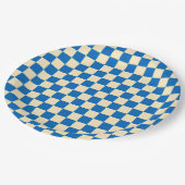 Beige + Blauwe Check Checkerboard Patroon Papieren Bordje (Gekanteld)