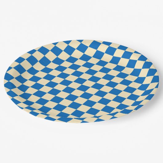 Beige + Blauwe Check Checkerboard Patroon Papieren Bordje (Gekanteld)