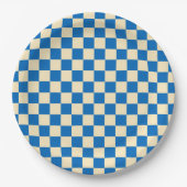 Beige + Blauwe Check Checkerboard Patroon Papieren Bordje (Voorkant)