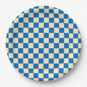 Beige + Blauwe Check Checkerboard Patroon Papieren Bordje