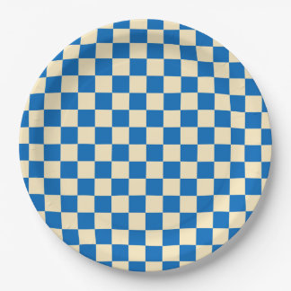 Beige + Blauwe Check Checkerboard Patroon Papieren Bordje