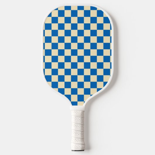Beige + Blauwe Check Checkerboard Patroon Pickleball Paddle (Voorkant)