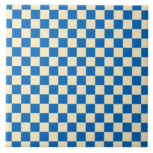Beige + Blauwe Check Checkerboard Patroon Tegeltje (Voorkant)